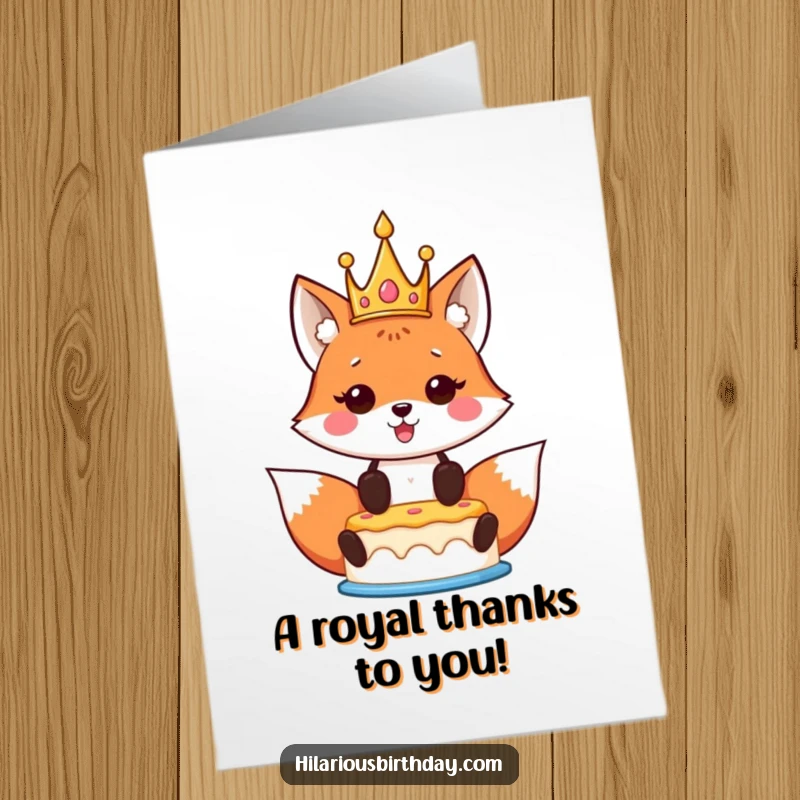 Funny free printable thank you card: A kawaii fox wearing a crown proudly holds a birthday cake aloft, expressing thanks.