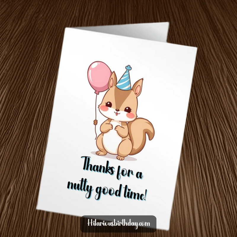 Funny Free Printable Thank You Card: A kawaii squirrel wearing a party hat and holding a balloon, saying thanks.