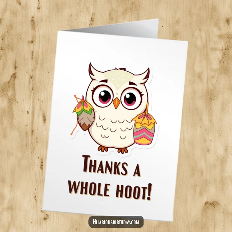 Funny Free Printable Thank You Card with a kawaii owl whose large eyes express surprise at a piñata.