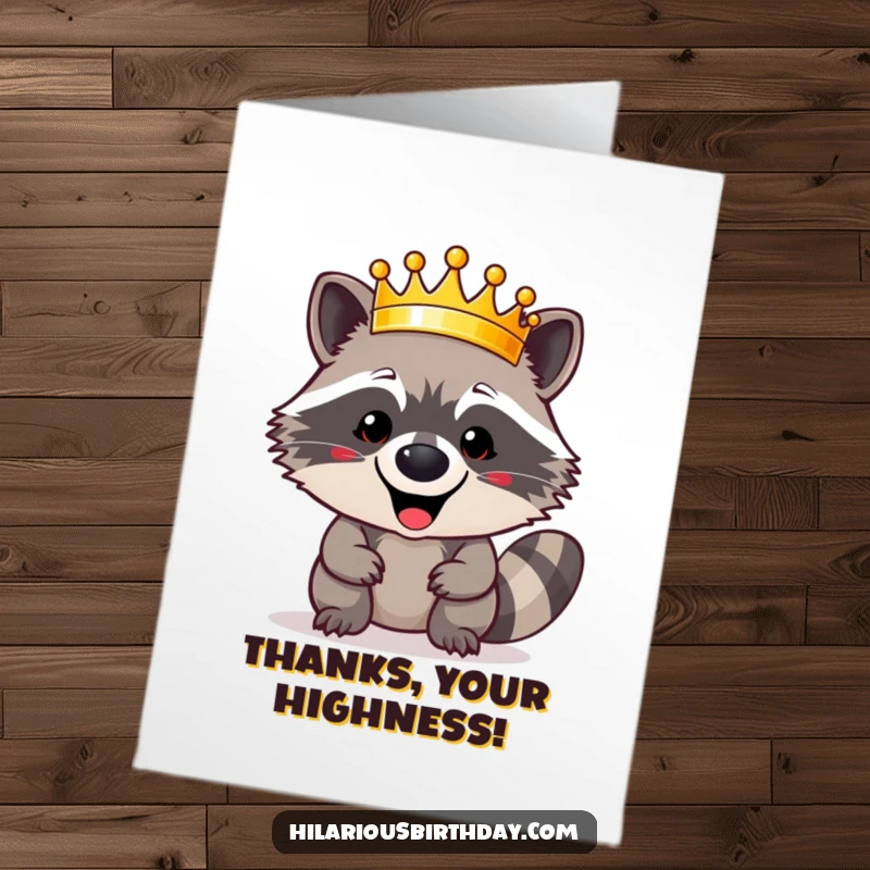 Funny Free Printable Thank You Card: A happy raccoon triumphantly wears a shiny golden crown, offering a majestic and funny thank you.