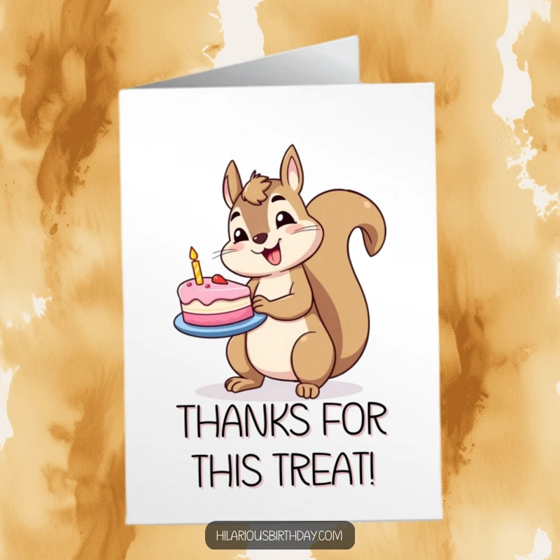 Funny Free Printable Thank You Card featuring a jolly squirrel character balancing cake, offering delightful gratitude.