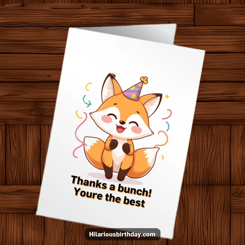 Funny Free Printable Thank You Card: A cheerful fox with a party hat, energetically twirling streamers, showing sincere appreciation.