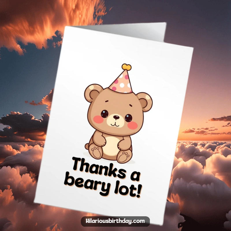 Funny Free Printable Thank You Card: A cute bear character wearing a festive party hat offers thanks with a warm, friendly expression.