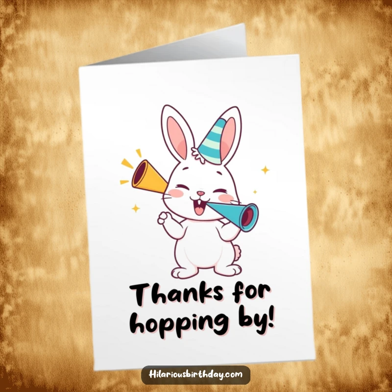 Funny Free Printable Thank You Card: A happy bunny character blows a party horn with great enthusiasm, conveying thanks with energetic joy.