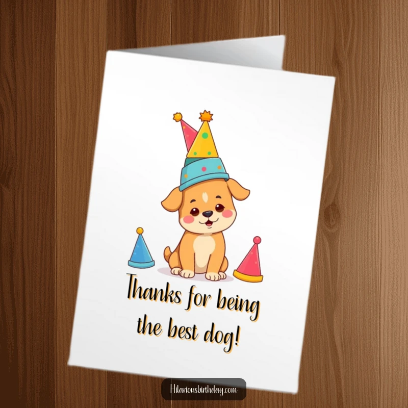 Funny Free Printable Thank You Card of a determined dog balancing a tower of party hats with incredible focus.