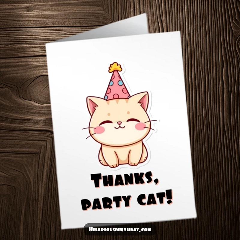 Funny Free Printable Thank You Card: A kawaii cat in a party hat gives a cheeky wink, sending thankful vibes with a smile.