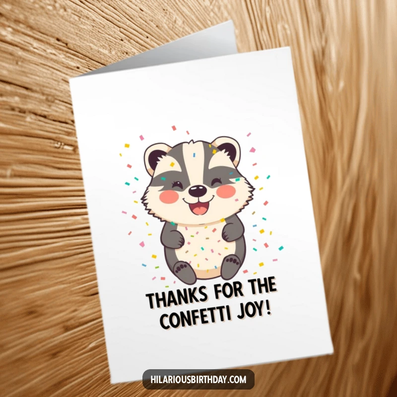 Funny Free Printable Thank You Card featuring a happy badger absolutely covered in confetti, expressing thanks with a humorous flourish.
