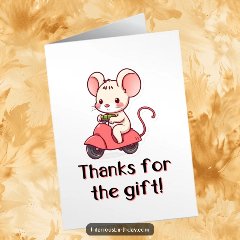 Funny Free Printable Thank You Card: A tiny kawaii mouse rides an unwrapping gift, sending thanks with a playful and charming expression.