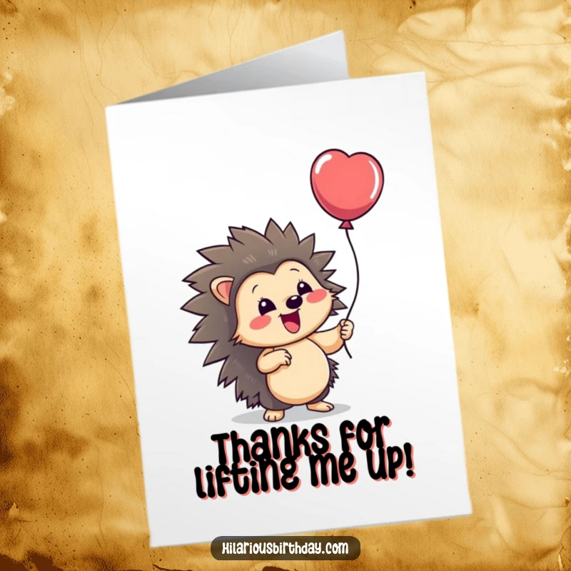 Funny Free Printable Thank You Card: Hedgehog happily holding a balloon, a lighthearted symbol of gratitude.