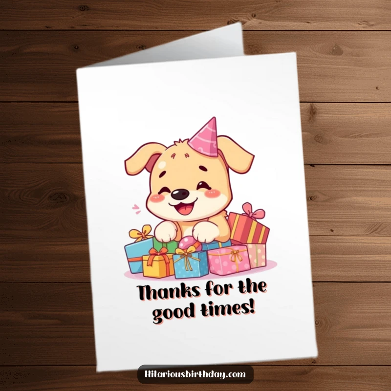 Funny Free Printable Thank You Card: Cute kawaii dog holding a gift, perfect for expressing gratitude with a smile.