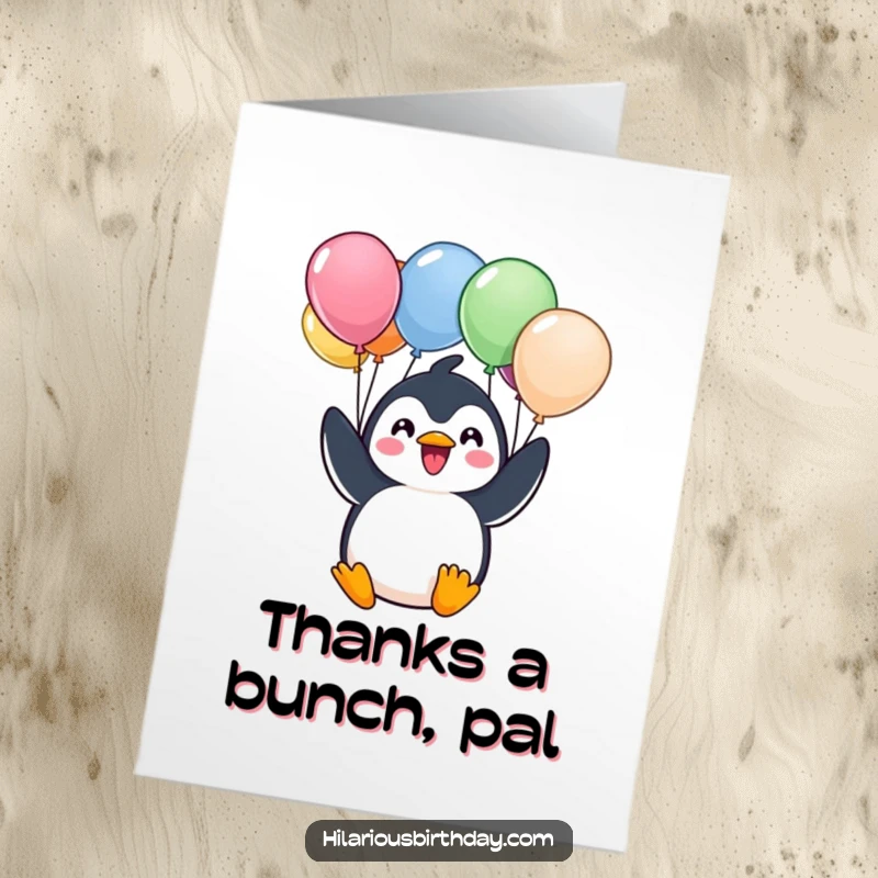Funny Free Printable Thank You Card: A cheerful Kawaii penguin character enthusiastically holds a bunch of balloons to express thanks.