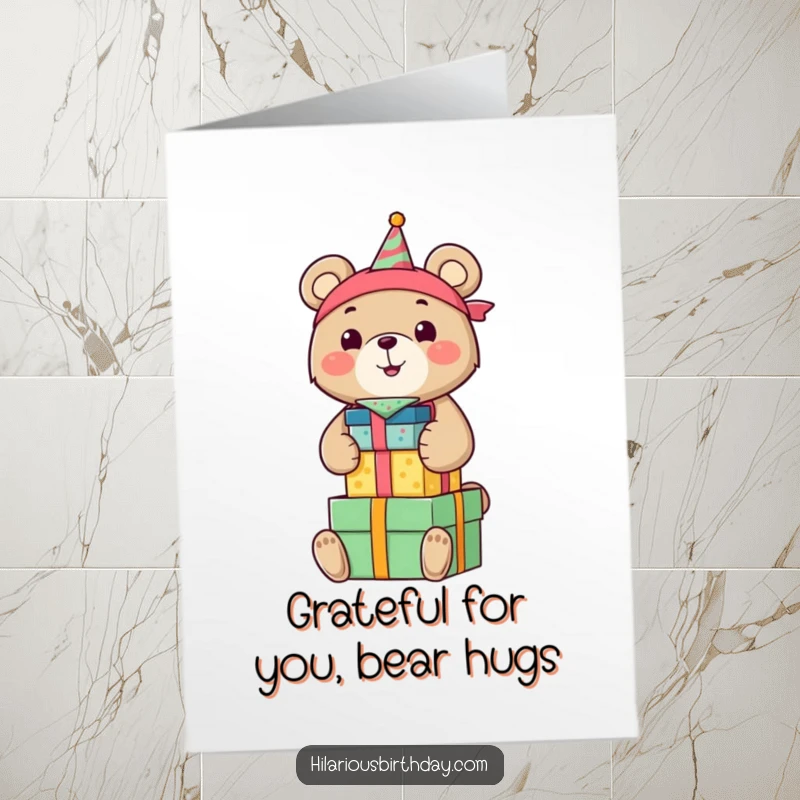 Funny Free Printable thank you card of a smiling bear wearing a birthday bandana, gleefully stacking colorful gift boxes.