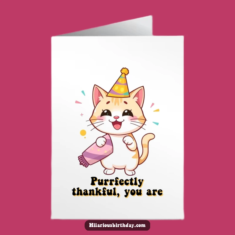 Free Printable Thank You Card: Happy Cat with Party Popper - Grateful Downloadable
