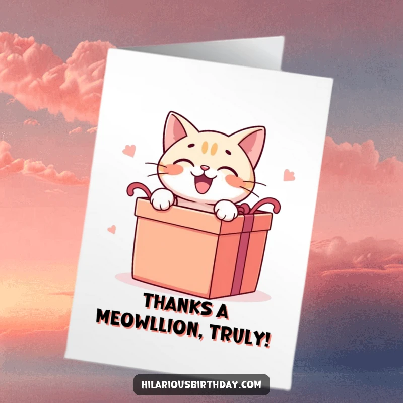 Funny free printable thank you card depicting an excited cat opening a large gift box, a surprising way to say thanks.