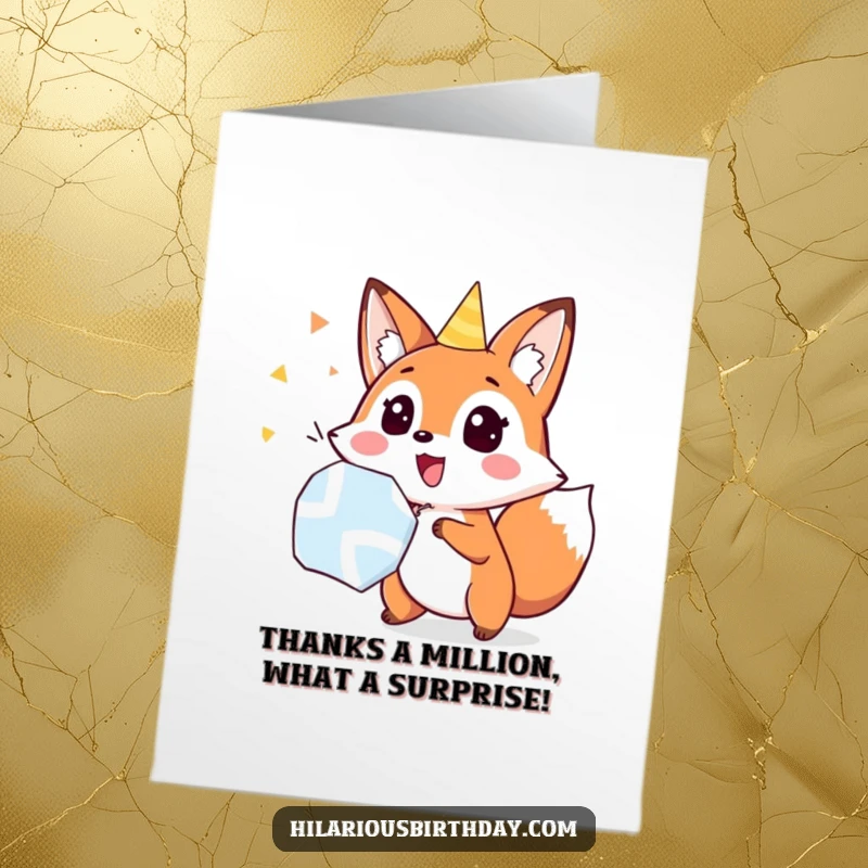 Funny Free Printable Thank You Card showing a fox's surprised face as a party popper explodes.