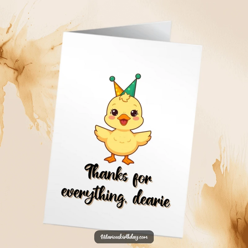 Funny Free Printable Thank You Card: Happy duckling wearing a party crown, quacking joyfully to express sincere appreciation.
