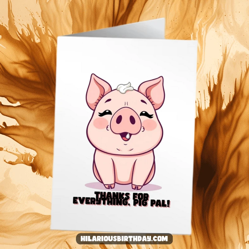 Funny Free Printable Thank You Card: A happy kawaii pig with frosting all over its nose, saying thanks.