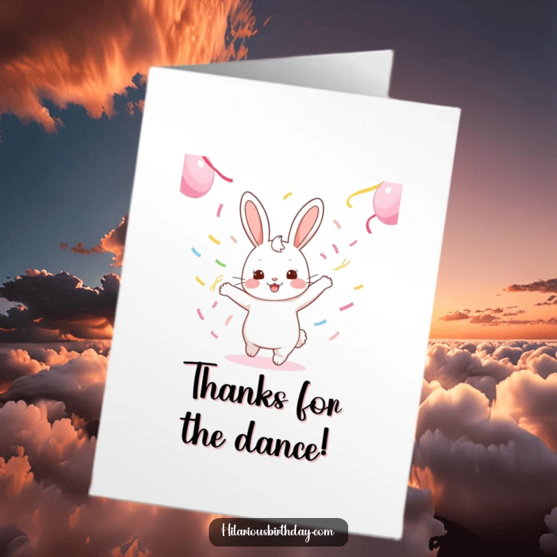Funny Free Printable Thank You Card: A cute kawaii rabbit dances gleefully, twirling streamers to express heartfelt thanks with a smile.