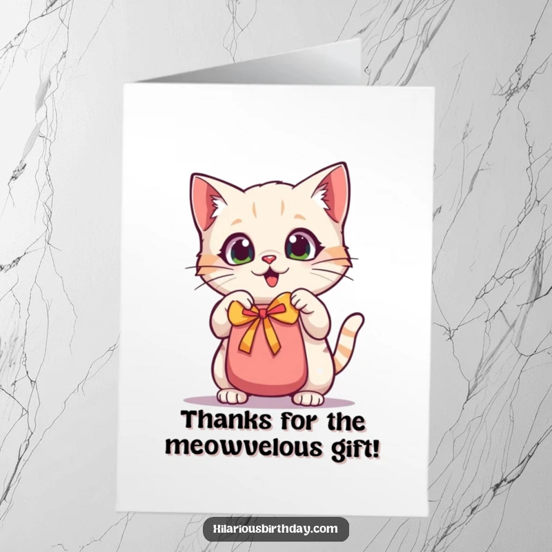 Funny Free Printable Thank You Card: Adorable kawaii cat with wide eyes, shaking a gift bag in excitement.