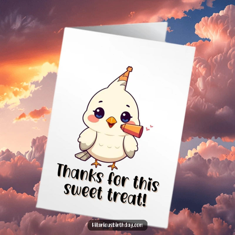 Funny Free Printable Thank You Card: A charming kawaii bird with a tiny party blower in its beak, looking ready to celebrate.