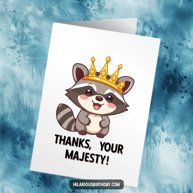 Funny Free Printable Thank You Card: Raccoon wearing a shiny golden crown, offering a majestic thank you.