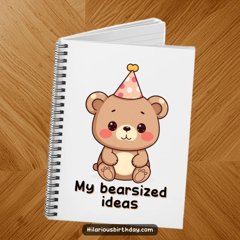 Funny bear notebook, a cute bear character wearing a festive party hat, ready to celebrate, for jotting ideas.