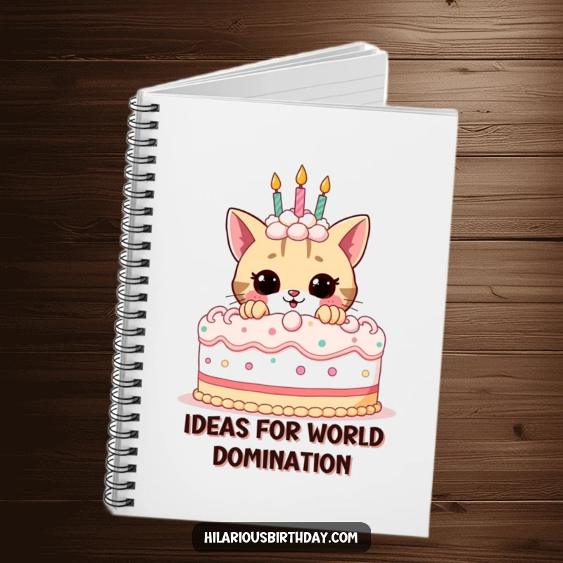 Funny birthday notebook with a mischievous cat peeking from behind a large birthday cake, ideal for journaling and notes.