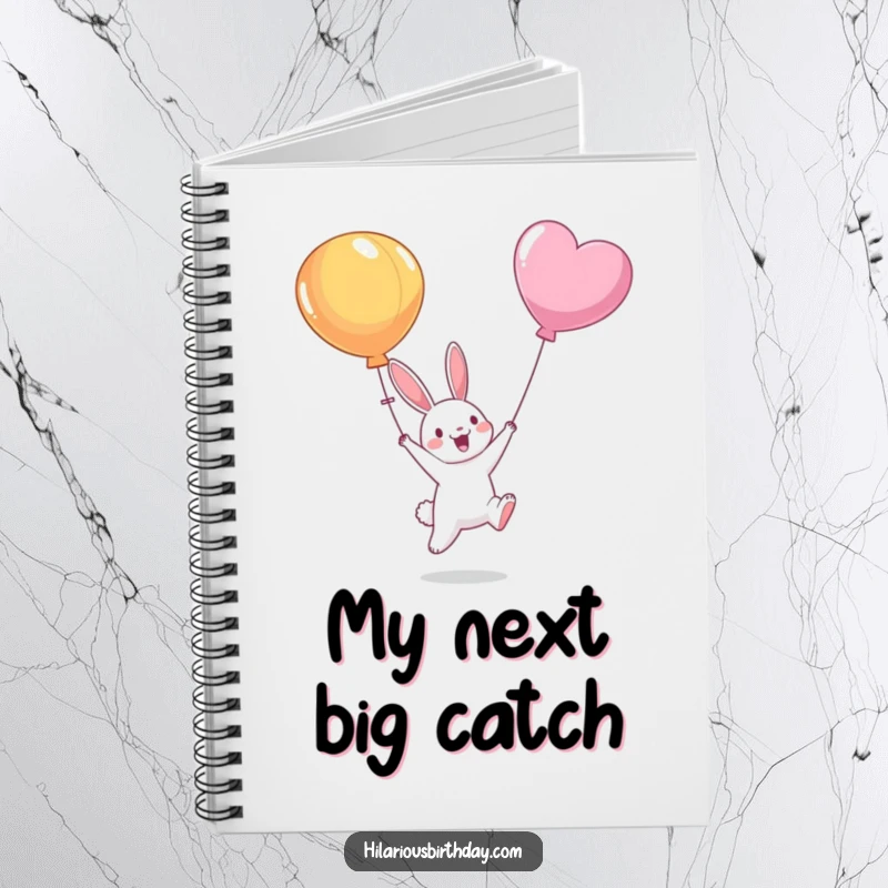 Funny notebook cover with a happy bunny character leaping to catch a balloon, encouraging joyful note-taking and creative expression.