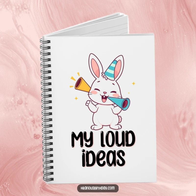 Funny bunny notebook, a happy bunny character blowing enthusiastically on a party horn, for jotting ideas.