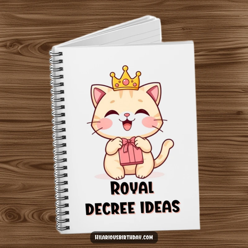 Funny notebook cover featuring a delighted cat character wearing a crown and holding a gift bag.