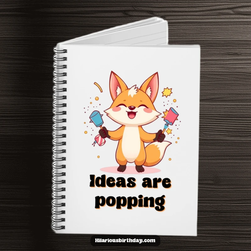 Funny gleeful fox character juggling exploding party poppers on this creative notebook cover, a humorous and energetic funny gift.