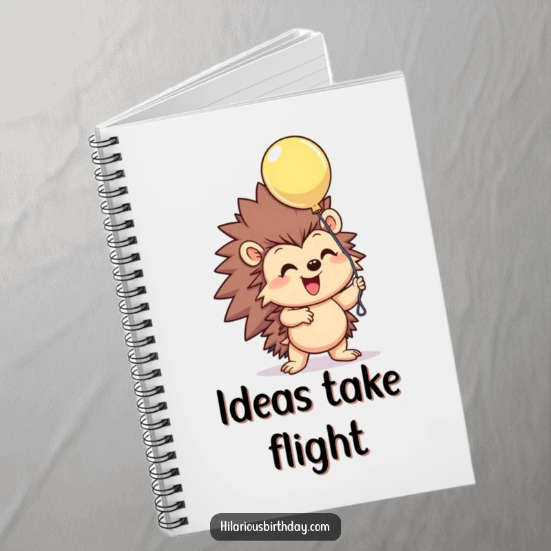 Funny smiling hedgehog character excitedly grasping a floating balloon on this creative notebook cover, a humorous and joyful funny gift.