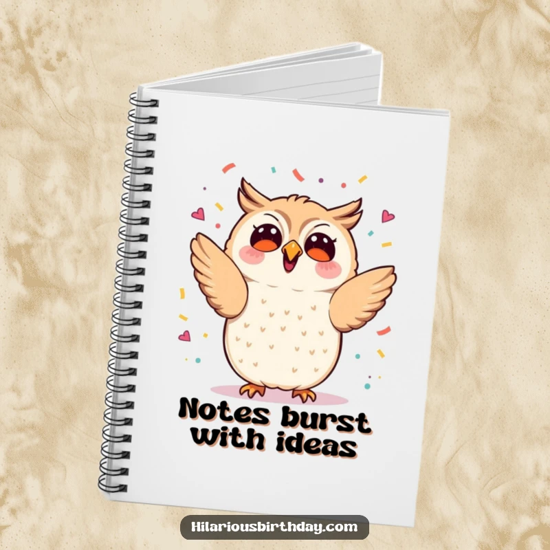 Funny kawaii owl enthusiastically tossing confetti, a lined notebook for ideas, ideal funny gift.