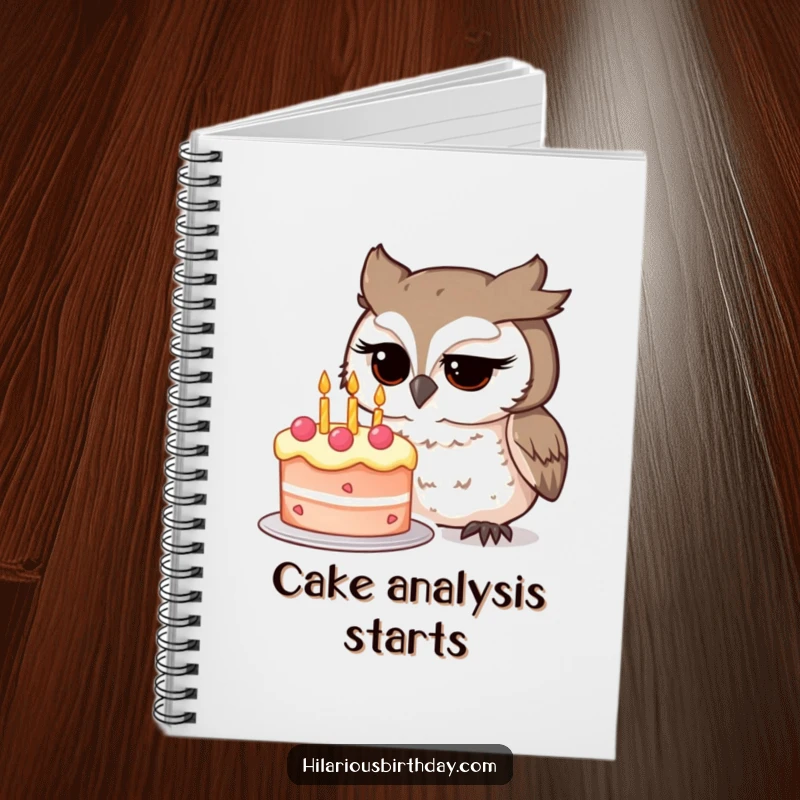 Funny owl character intently studying a whimsical birthday cake on this creative notebook cover, a humorous and functional funny gift.