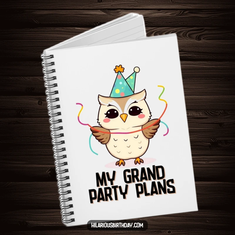 Funny owl wearing a party hat and holding streamers, on a notebook, perfect for jotting down funny party plans.