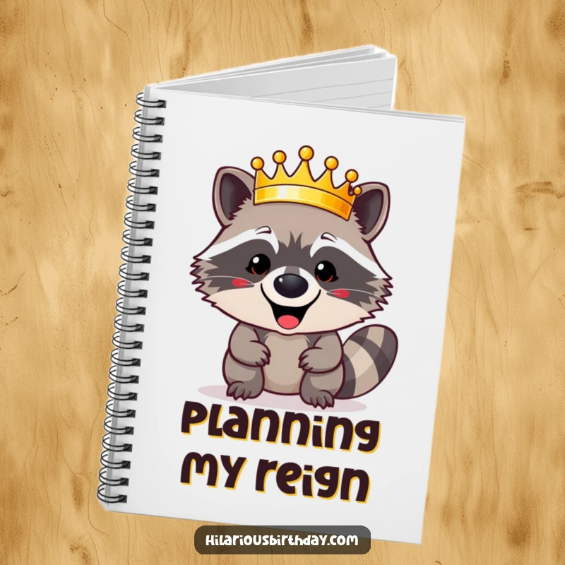 Funny happy raccoon character triumphantly wearing a shiny golden crown on this creative notebook cover, a humorous and majestic funny gift.