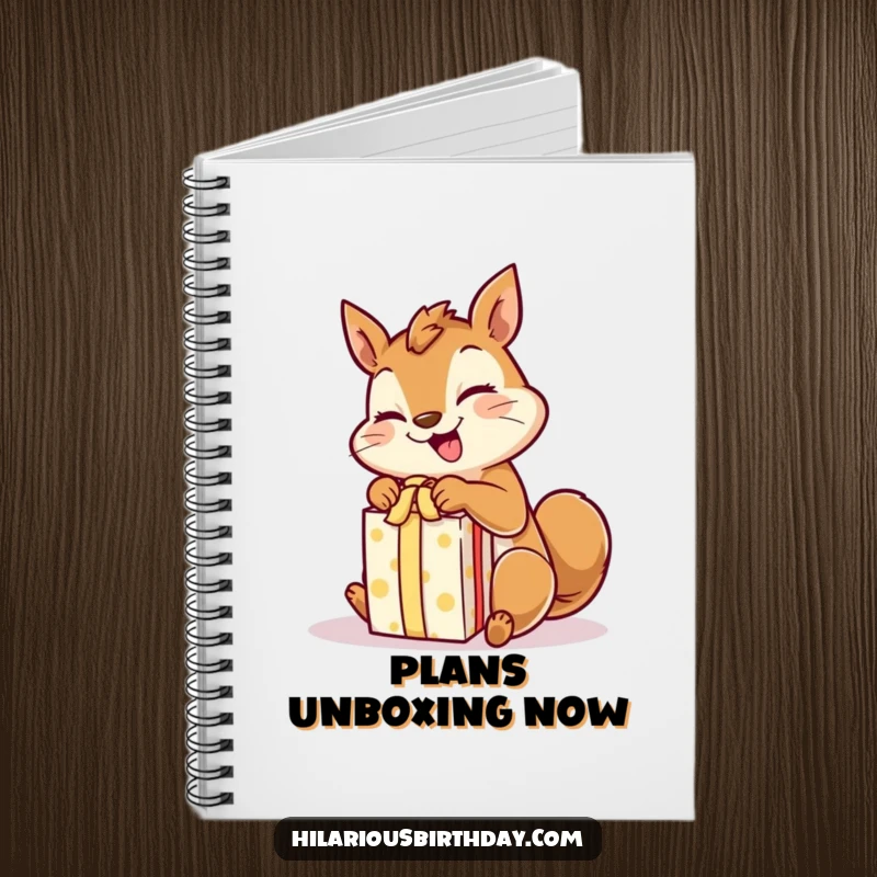 Funny giggling squirrel character rapidly unwrapping a gift with excited paws, on a notebook cover.
