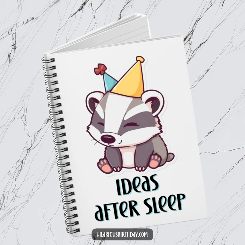Funny sleepy badger notebook featuring a tired badger in a party hat, perfect for notes and calm reflections.