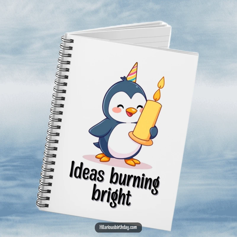 Funny happy penguin character waddling with a giant birthday candle, on a notebook cover.