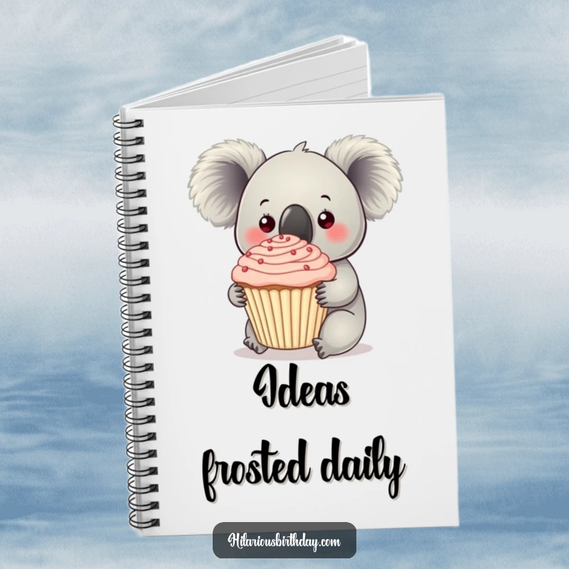 Funny curious koala holds a giant frosted cupcake on this notebook, encouraging sweet thoughts and ideas.