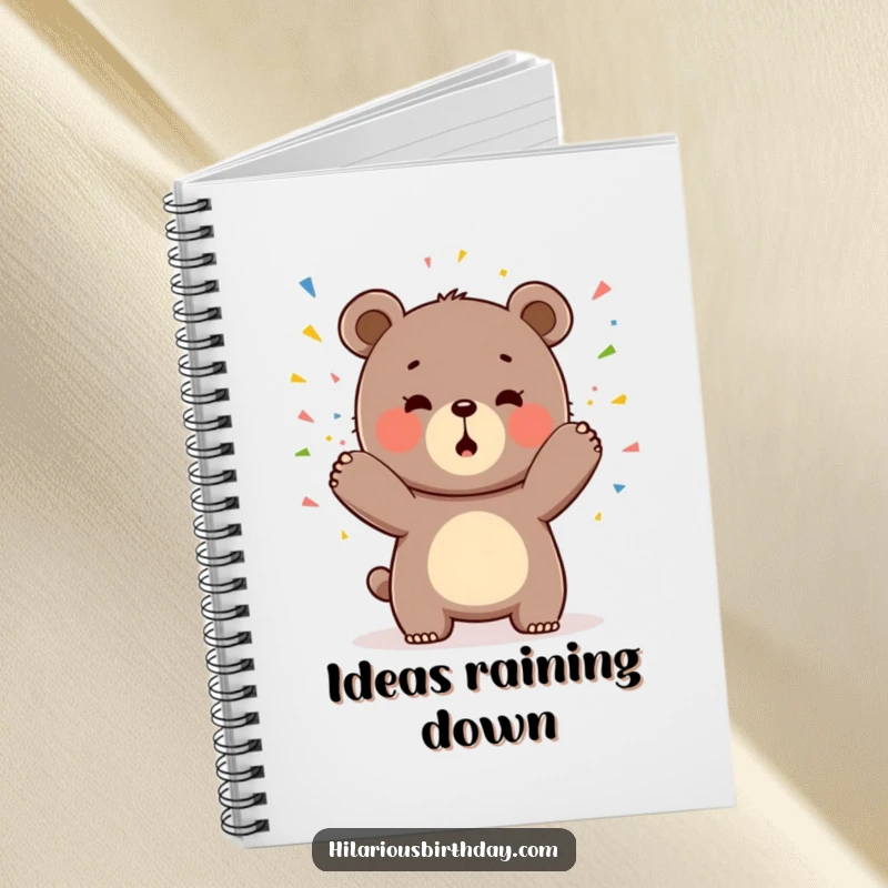 Funny notebook with a gleeful Kawaii bear playfully tossing confetti, great for jotting down creative and happy thoughts.