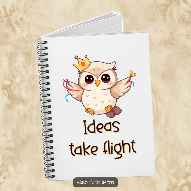 Funny whimsical owl character wearing a party crown and flying with a streamer, on a notebook cover.
