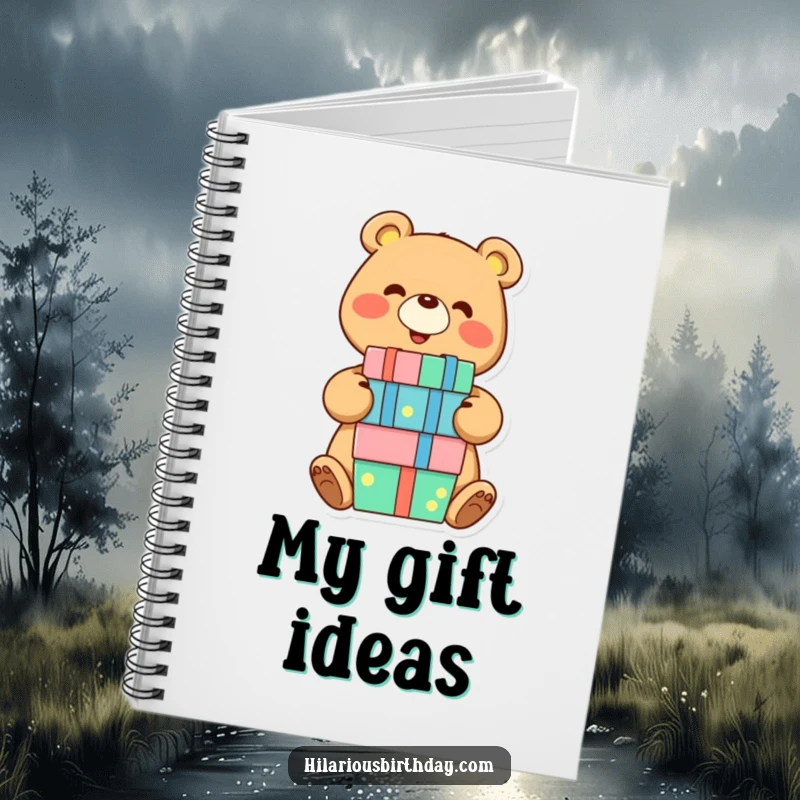 Funny bear notebook with a smiling character joyfully balancing a stack of presents, ideal for jotting down happy thoughts and gift ideas.