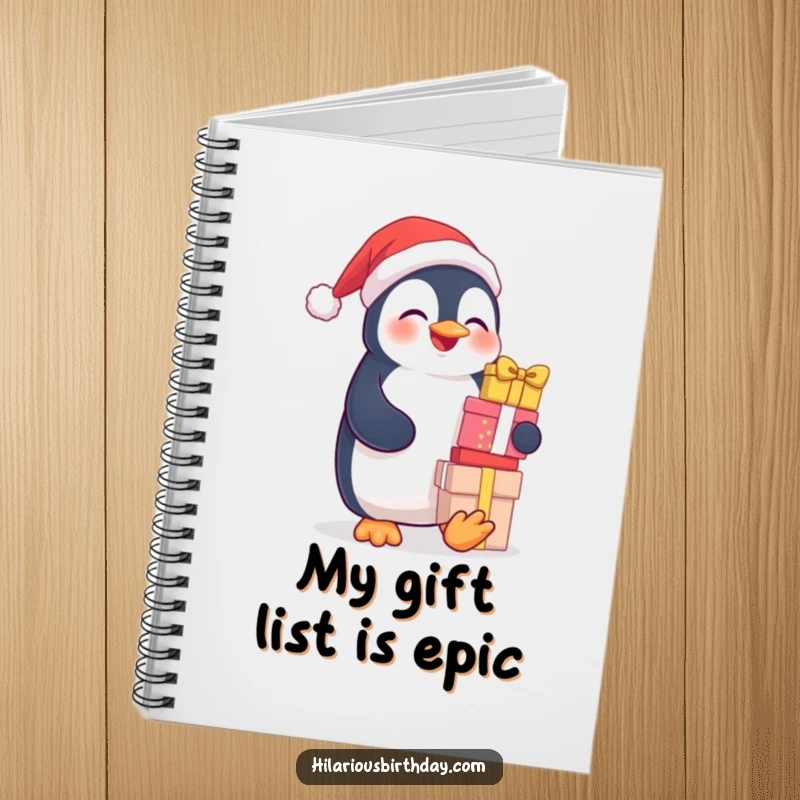 Funny notebook cover with a giggling penguin joyfully balancing a stack of gifts, ready for your notes.