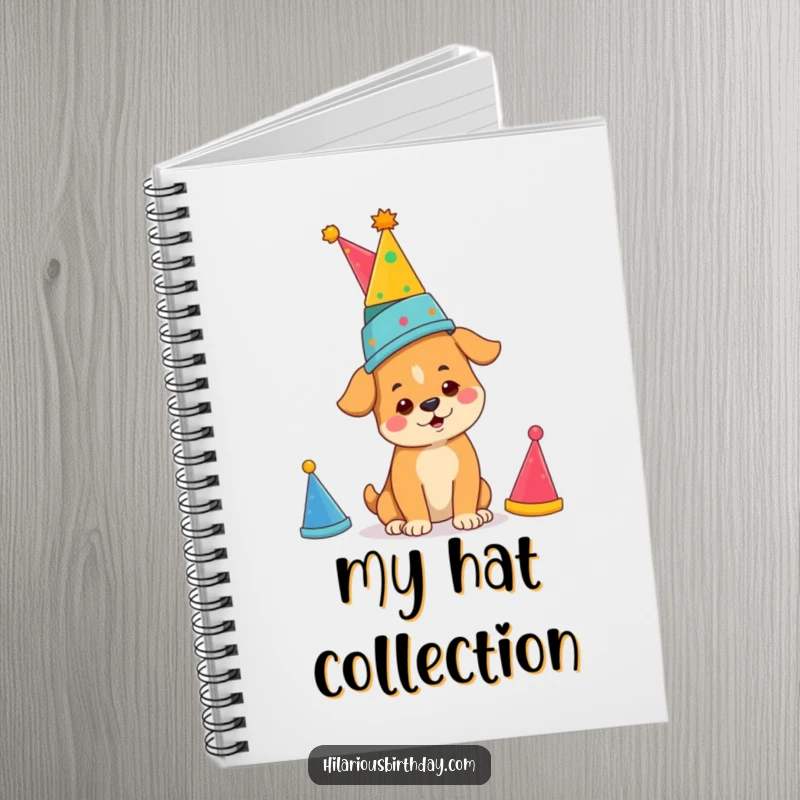Funny determined dog balancing party hats, on a notebook, perfect for writing with a funny, focused mood.