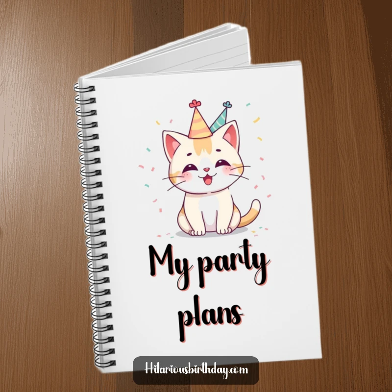 Funny Kawaii cat notebook with a cute character wearing a party hat, playfully tossing confetti, ideal for jotting down happy thoughts and ideas.