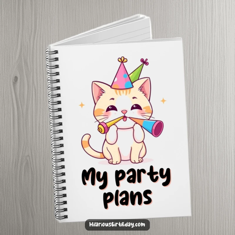 Funny notebook with a cute Kawaii cat in a party hat blowing a party horn, great for planning celebrations.