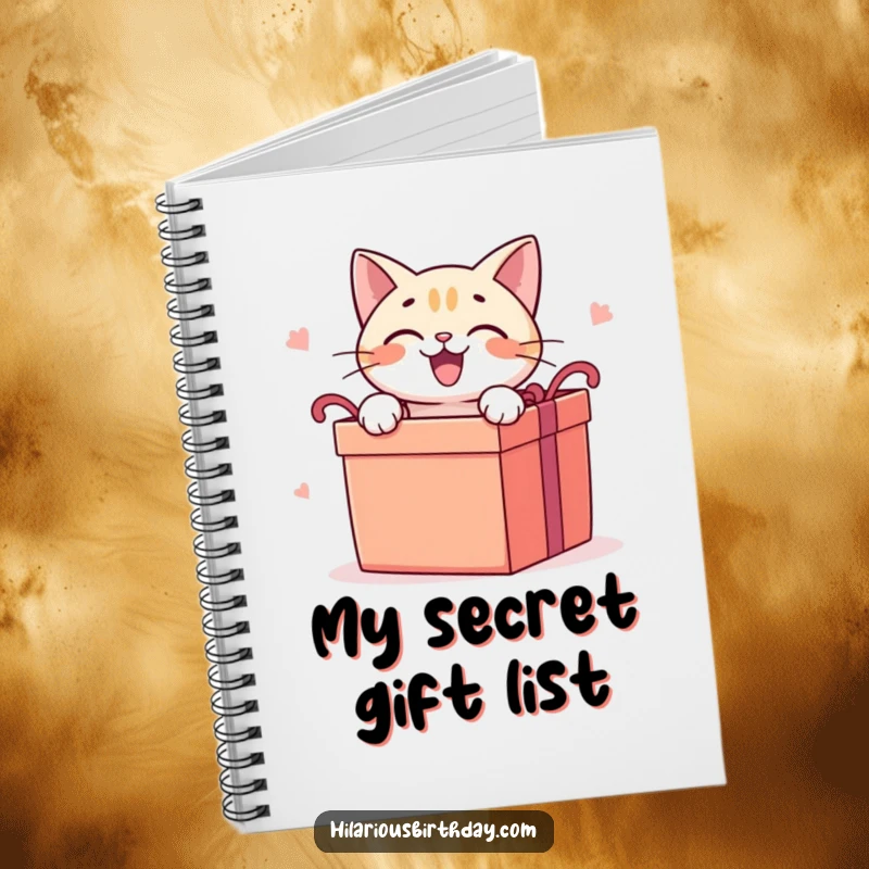 Funny cat notebook with a delighted cat character eagerly opening a large gift box, ideal for journaling.