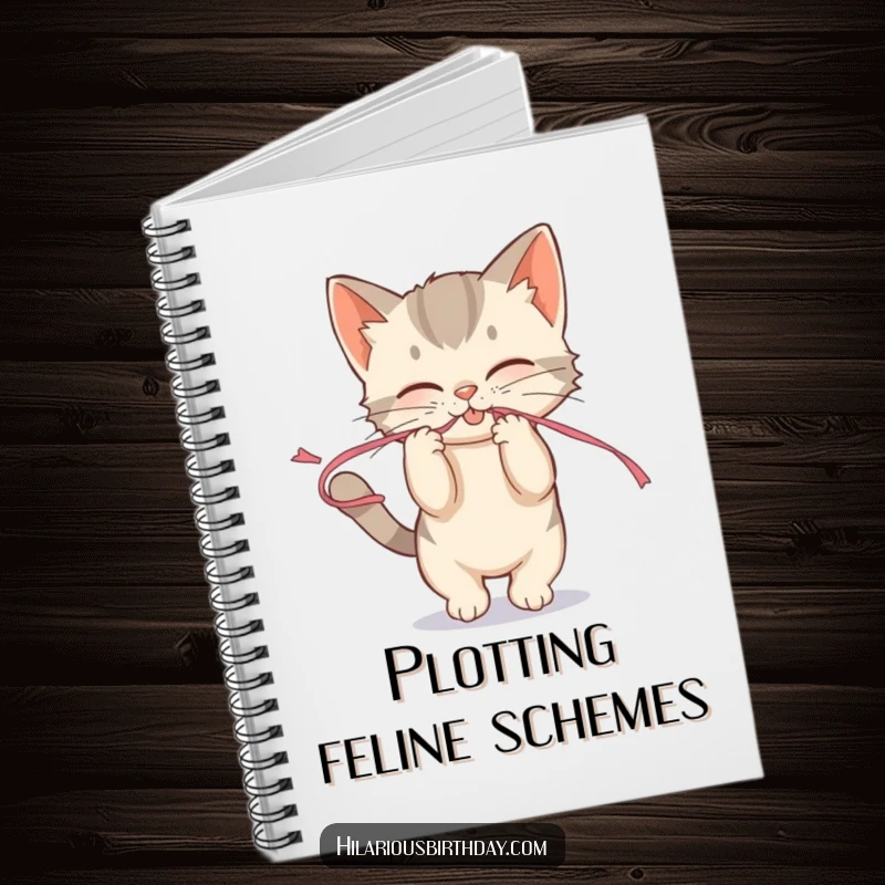 Funny mischievous kitten playfully tugging on a streamer on a notebook cover, for jotting down playful ideas.