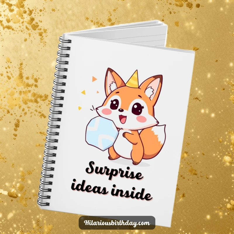 Funny fox popping a party popper with surprise, on a notebook, perfect for writing with a funny, exciting mood.